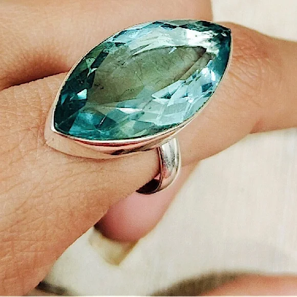 Sterling Silver Aquamarine Zircon Ring, Large Stone, Cocktail - Picture 2 of 7